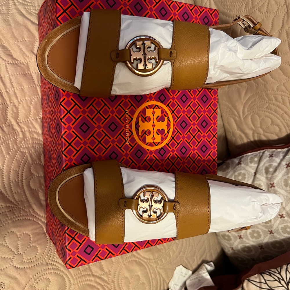 Tory Burch Brown and White Slide Sandals